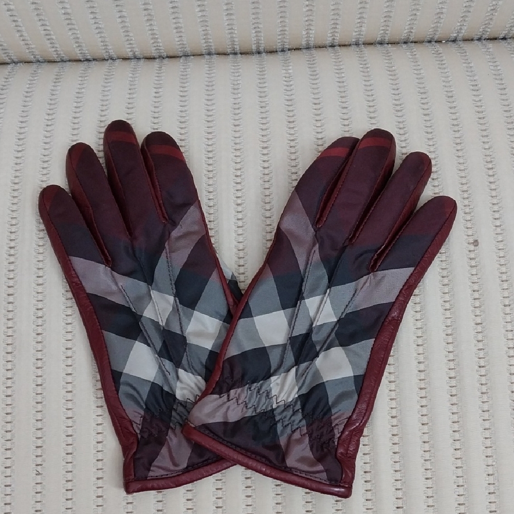 BURBERRY CHECK PATTERN LEATHER AND PLAID CANVAS GLOVES